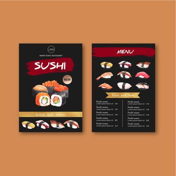 Sushi menu collection for restaurant. Design template with food watercolour graphic illustrations.