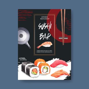 Poster design for Sushi restaurant watercolour illustration. Contrast colour in compact composition
