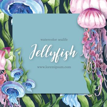 Frame design with sealife themed , creative jellyfish with kelp vector illustration template