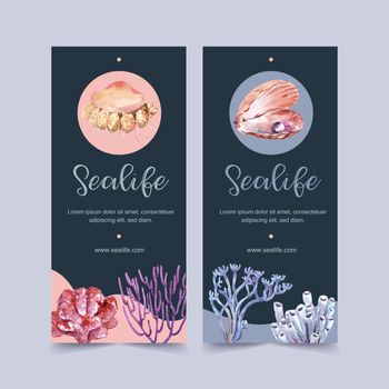 Banner design with sealife theme, Pearl and coral watercolor vector illustration template 