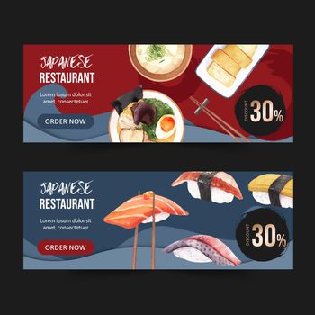 Trendy design for Sushi restaurant watercolor illustration. Wave background in compact composition
