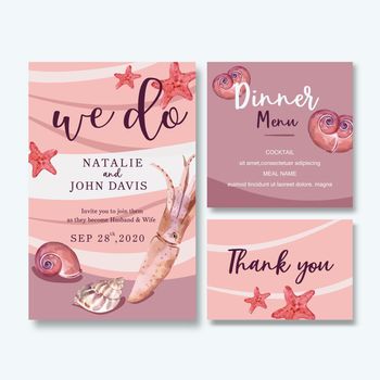 Wedding Invitation watercolor design with sealife theme, pink pastel background vector illustration 