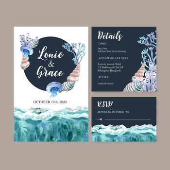 Wedding Invitation watercolor design with simple sealife theme, creative  illustration template.