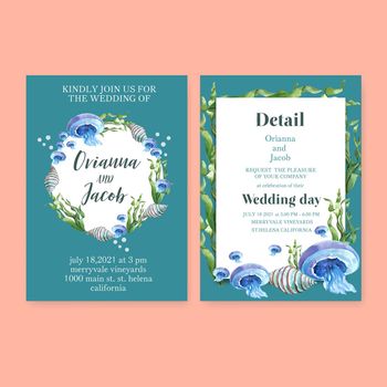 Wedding Invitation watercolor design with sealife theme, blue pastel background vector illustration 