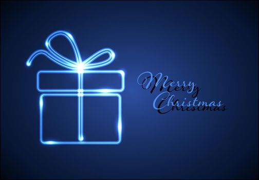 Christmas card with blue neon gift box