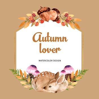 Wreath Design with Autumn theme, watercolour oak tree vector illustration Template