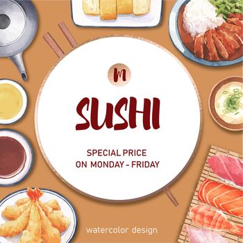 Sushi-themed border frame. Creative with food watercolor template for several use.