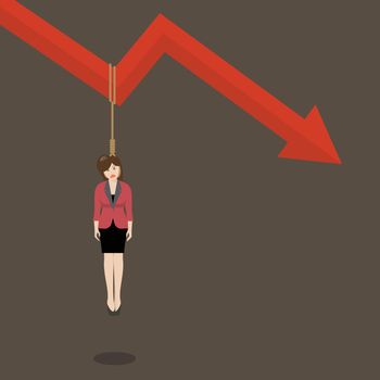 Business woman hang herself on a graph down