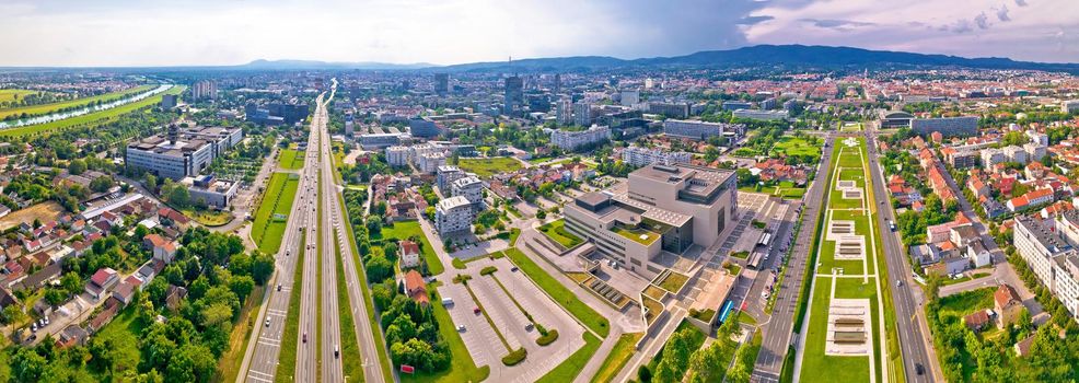 Aerial panoramic view of Zagreb and Sava river near fountains square