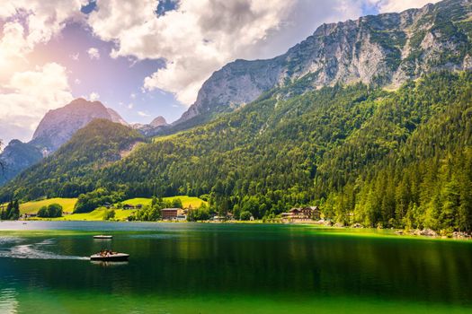 Hintersee lake beautiful scene of mountains and turquoise water of Hintersee lake. Location: resort Ramsau, National park Berchtesgadener Land, Upper Bavaria, Germany Alps, Europe
