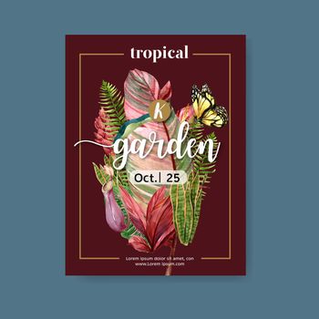 Tropical-themed Poster design with fern and butterfly, vibrant foliage vector illustration template.