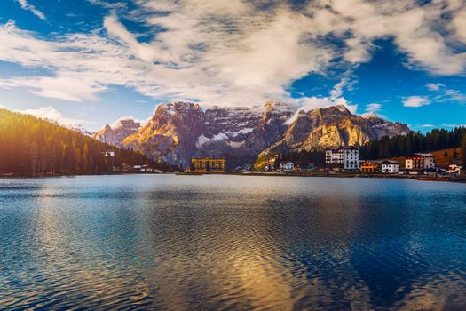 Lake Misurina or Lago di Misurina Italy. Misurina Lake with perfect sky reflection in calm water. Stunning view on the majestic Dolomites Alp Mountains, Italy, National Park Tre Cime di Lavaredo.
