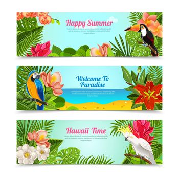 Tropical island flowers horizontal banners set