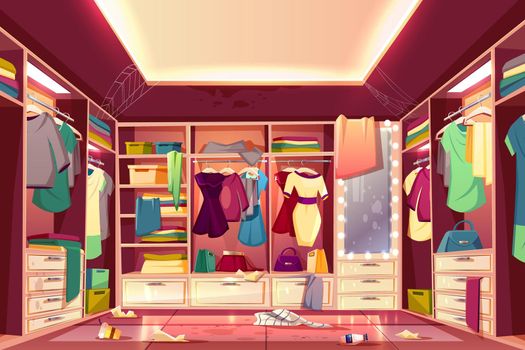 Messy walk in closet interior cartoon vector
