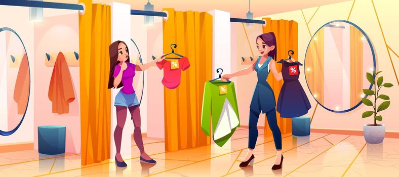 Woman in fitting room try on clothes in store