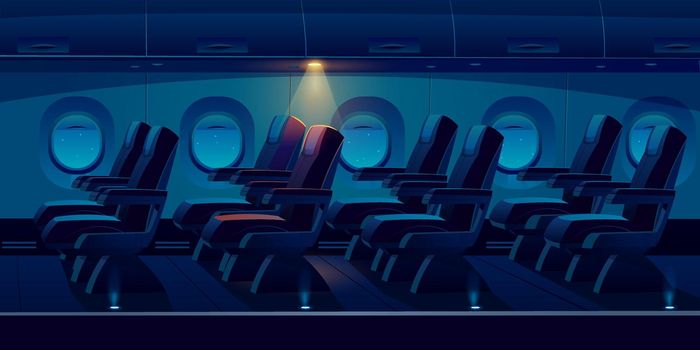 Airplane cabin at night, plane economy class salon