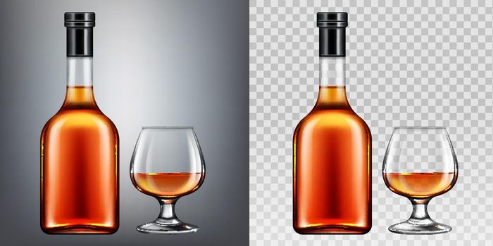 Brandy bottle and glass mockup isolated clip art