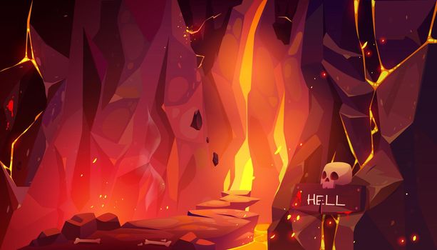 Road to hell, infernal hot cave with lava and fire