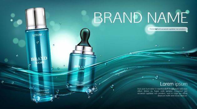 Cosmetics bottles mock up banner. Lotion and serum