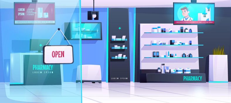 Pharmacy interior, drugstore with medical products