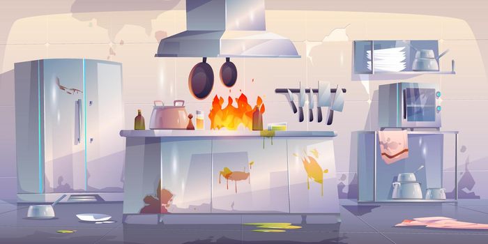 Damaged kitchen in restaurant, interior with fire