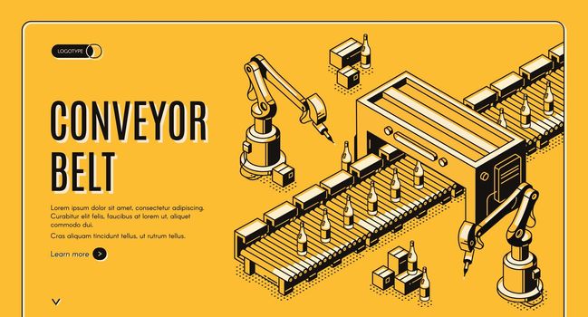 Factory conveyor belt landing page. Robotic arms.