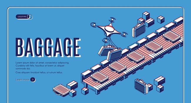 Baggage in airport conveyor isometric landing page