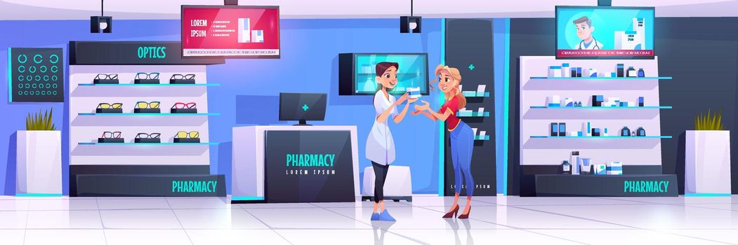 Pharmacist serves client in pharmacy with optics