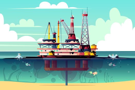 Vector oil rig in water with pollution