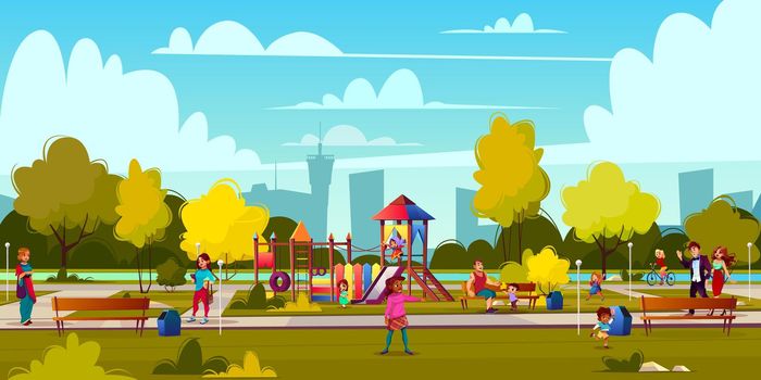 Vector cartoon playground in park with people