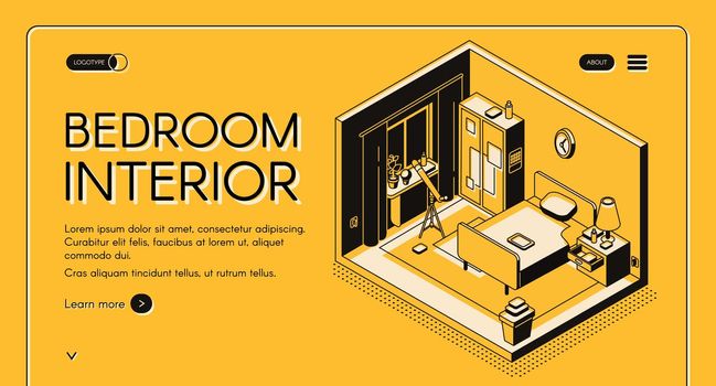 Cozy bedroom interior isometric vector website