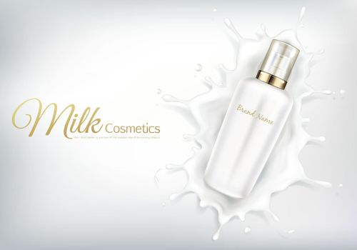 Vector cosmetic banner with white bottle in milk swirl