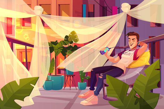 Man relaxing on cafe terrace cartoon vector