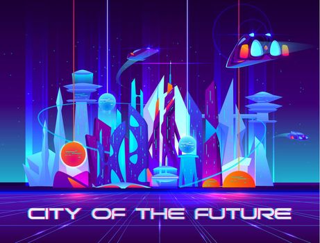 City of future at night with vibrant neon lights