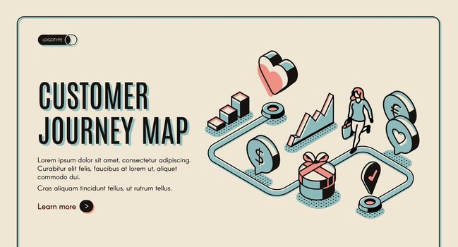 Customer journey map isometric banner. purchasing