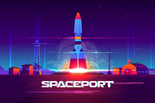 Rocketship launching from spaceport cartoon vector