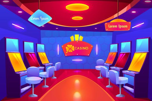 Casino interior, gambling house with slot machines