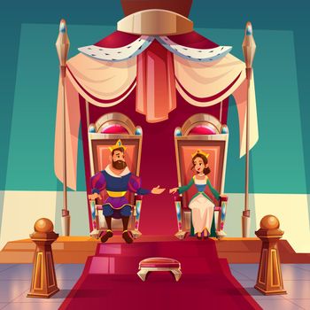 King and queen sitting on thrones in palace. Royal