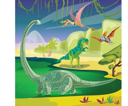 Animals jurassic composition with flying pterodactyl tyrannosaurus at coast and brachiosaurus standing in green water vector illustration