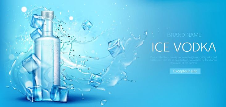 Vodka bottle with ice cubes mockup promo banner