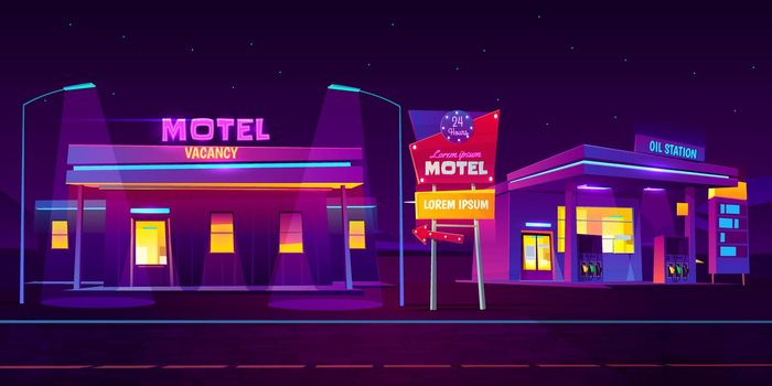 Night roadside motel with parking and oil station.