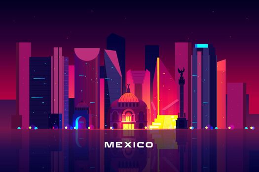 Mexico city skyline, neon lighting Night cityscape