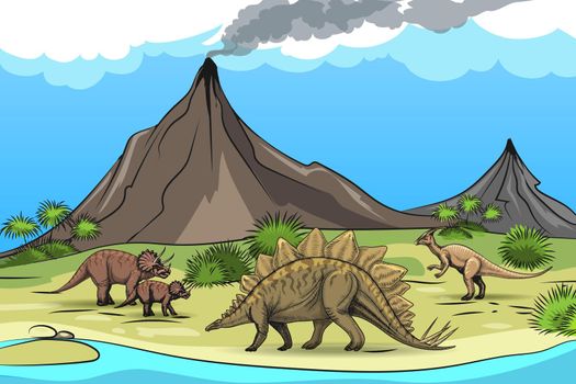 Prehistory with dinosaurs and volcano