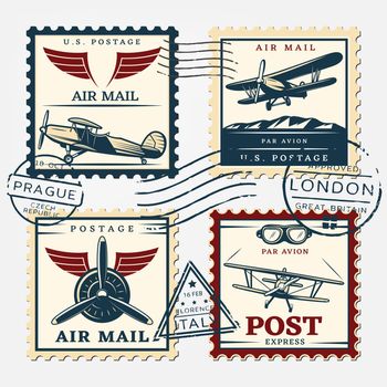 Colorful Aircraft Postage Square Stamps Set