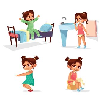 Girl kid morning vector illustration of cartoon child daily routine activity waking up, washing and physical exercises