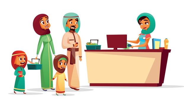 Muslim family at supermarket checkout counter vector cartoon illustration