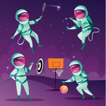 Vector cartoon spacemen playing games in cosmos