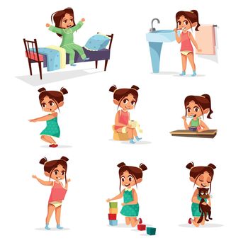 Vector cartoon girl daily routine activity set