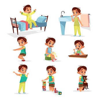 Vector cartoon boy daily routine activity set