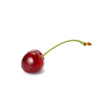 ripe red cherry with stalk isolated on white background, delicious fruit